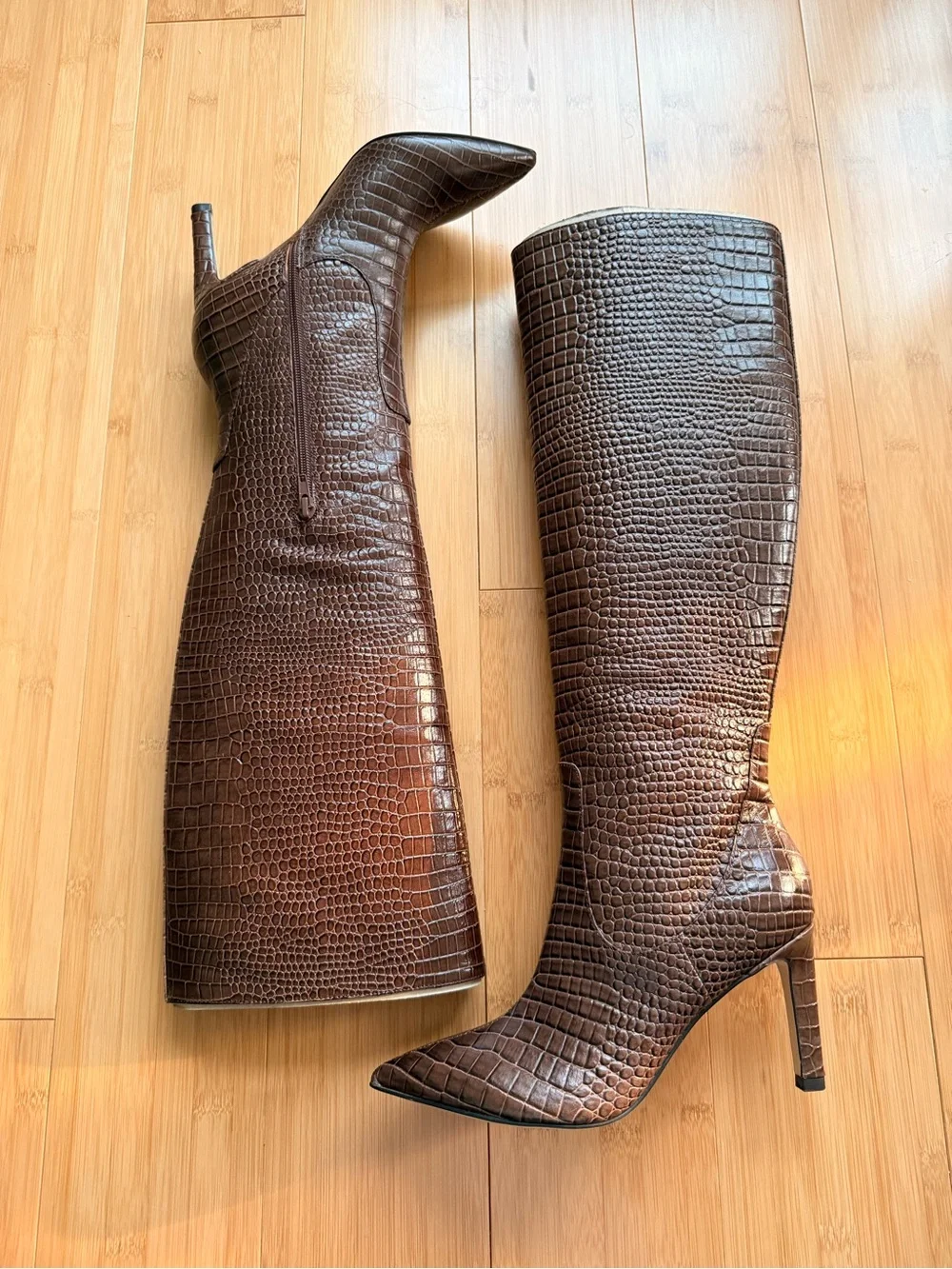 Nine West - Maxim - Croc-Embossed Knee High Boots - Brown - Size 7